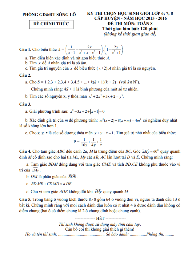 Đề thi HSG lớp 8 môn Toán cấp huyện năm 2015 2016 phòng GD ĐT Sông Lô Vĩnh Phúc