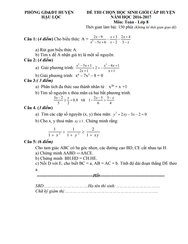 Đề thi HSG lớp 8 môn Toán cấp huyện năm 2016 2017 phòng GD ĐT Hậu Lộc Thanh Hóa