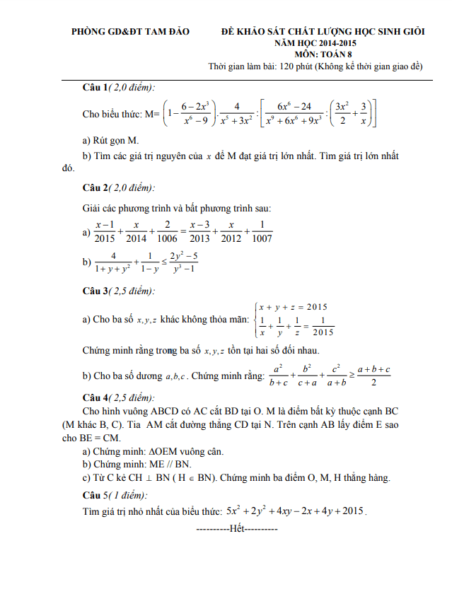 Đề thi HSG lớp 8 môn Toán năm 2014 2015 phòng GD ĐT Tam Đảo Vĩnh Phúc