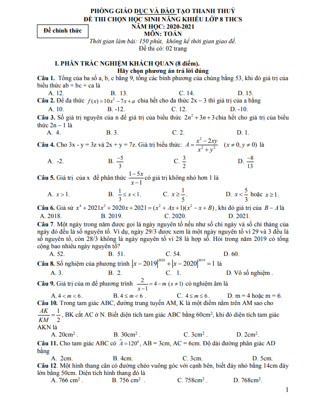 Đề thi HSG lớp 8 môn Toán năm 2020 2021 phòng GD ĐT Thanh Thủy Phú Thọ
