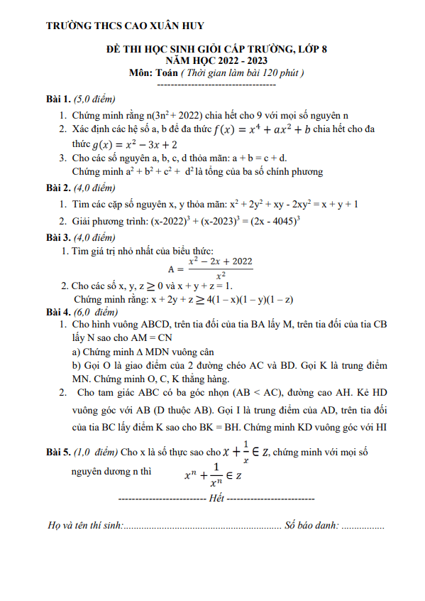 Đề thi HSG lớp 8 môn Toán năm 2022 2023 trường THCS Cao Xuân Huy Nghệ An