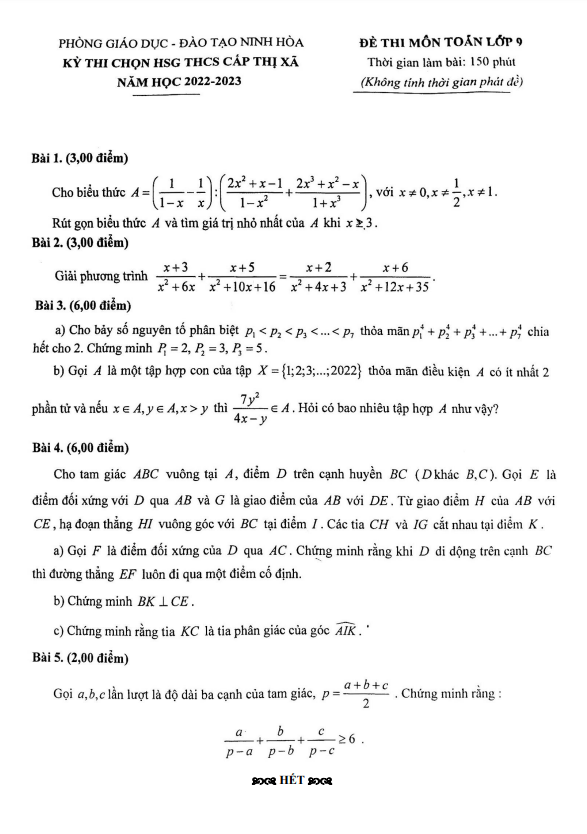 Đề thi HSG lớp 9 môn Toán cấp thị xã năm 2022 2023 phòng GD ĐT Ninh Hòa Khánh Hòa