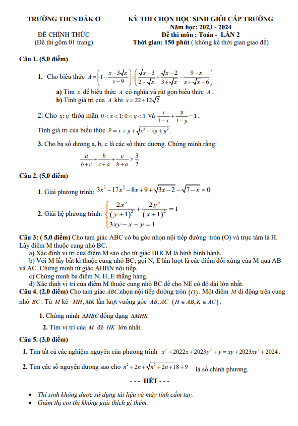 Đề thi HSG lớp 9 môn Toán lần 2 năm 2023 2024 trường THCS Đắk Ơ Bình Phước