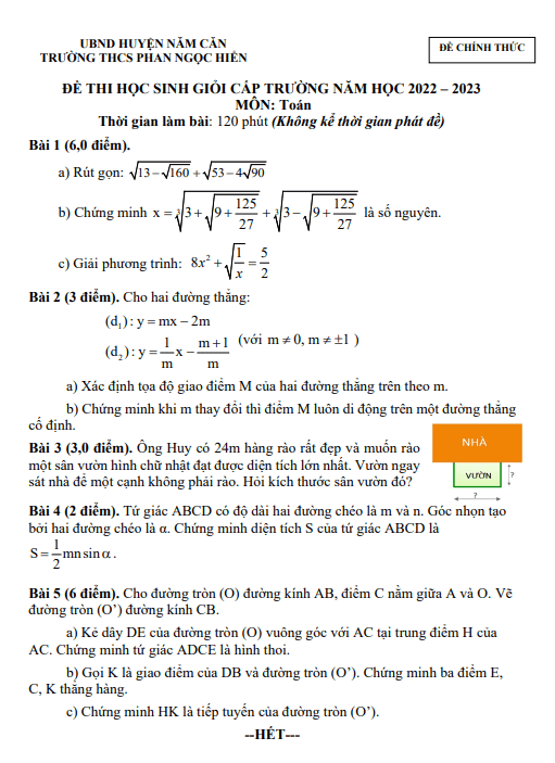 Đề thi HSG lớp 9 môn Toán năm 2022 2023 trường THCS Phan Ngọc Hiển Cà Mau
