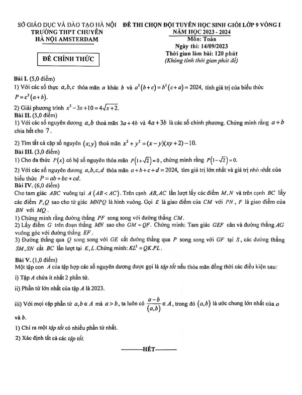 Đề thi HSG lớp 9 môn Toán vòng 1 năm 2023 2024 trường THPT chuyên Hà Nội Amsterdam