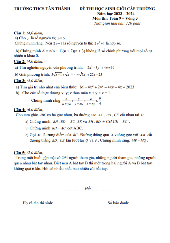 Đề thi HSG lớp 9 môn Toán vòng 3 năm 2023 2024 trường THCS Tân Thành Nghệ An