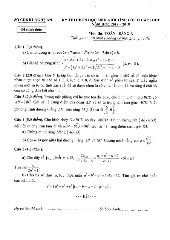 Đề thi HSG tỉnh lớp 11 môn Toán THPT năm 2018 2019 sở GD ĐT Nghệ An (Bảng A)