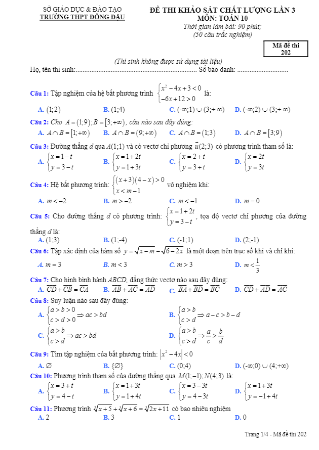 Đề thi khảo sát chất lượng lớp 10 môn Toán trường THPT Đồng Đậu Vĩnh Phúc lần 3