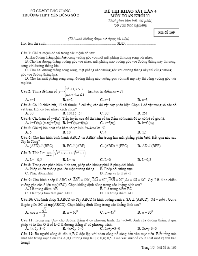 Đề thi khảo sát chất lượng lớp 11 môn Toán năm học 2016 2017 trường THPT Yên Dũng 2 Bắc Giang lần 4