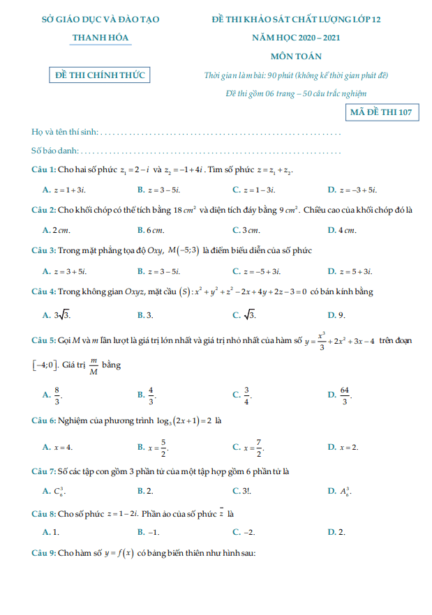 Đề thi khảo sát chất lượng lớp 12 môn Toán năm 2020 2021 sở GD ĐT Thanh Hóa
