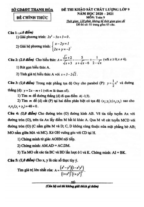 Đề thi khảo sát chất lượng lớp 9 môn Toán năm 2020 2021 sở GD ĐT Thanh Hóa