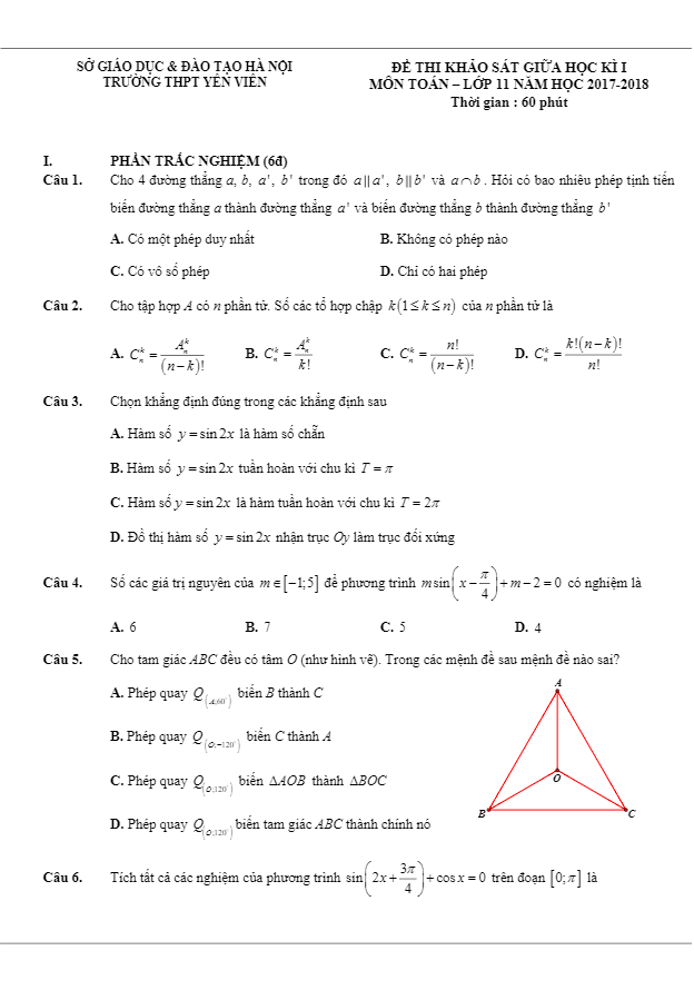 Đề thi khảo sát giữa học kỳ I lớp 11 môn Toán năm học 2017 2018 trường THPT Yên Viên Hà Nội