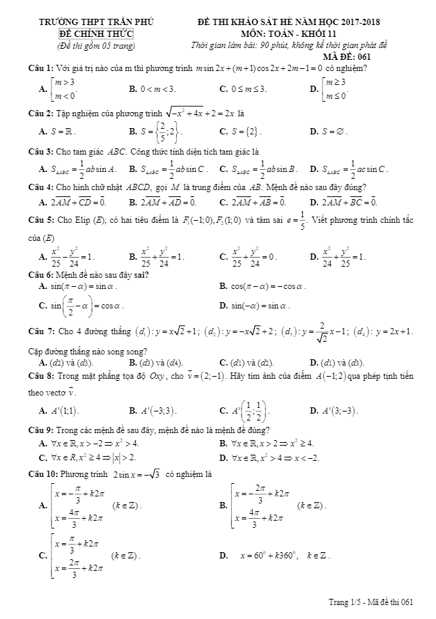 Đề thi khảo sát hè năm học 2017 2018 lớp 11 môn Toán trường THPT Trần Phú Vĩnh Phúc