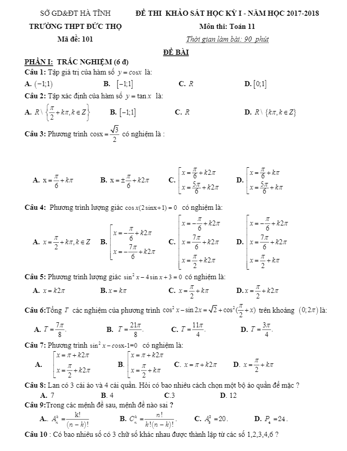 Đề thi khảo sát học kì 1 (HK1) lớp 11 môn Toán năm học 2017 2018 trường THPT Đức Thọ Hà Tĩnh