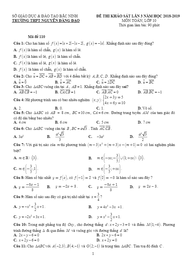 Đề thi khảo sát lần 3 lớp 10 môn Toán năm 2018 2019 trường Nguyễn Đăng Đạo Bắc Ninh