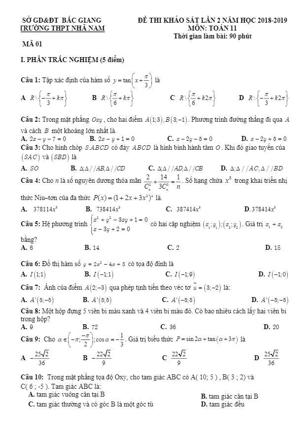 Đề thi khảo sát lớp 11 môn Toán lần 2 năm 2018 2019 trường THPT Nhã Nam Bắc Giang