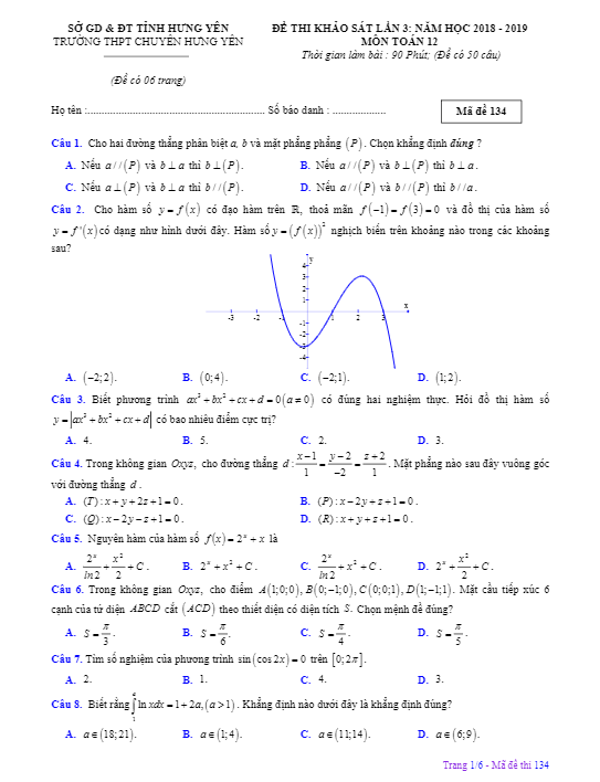 Đề thi khảo sát lớp 12 môn Toán lần 3 năm 2018 2019 trường THPT chuyên Hưng Yên