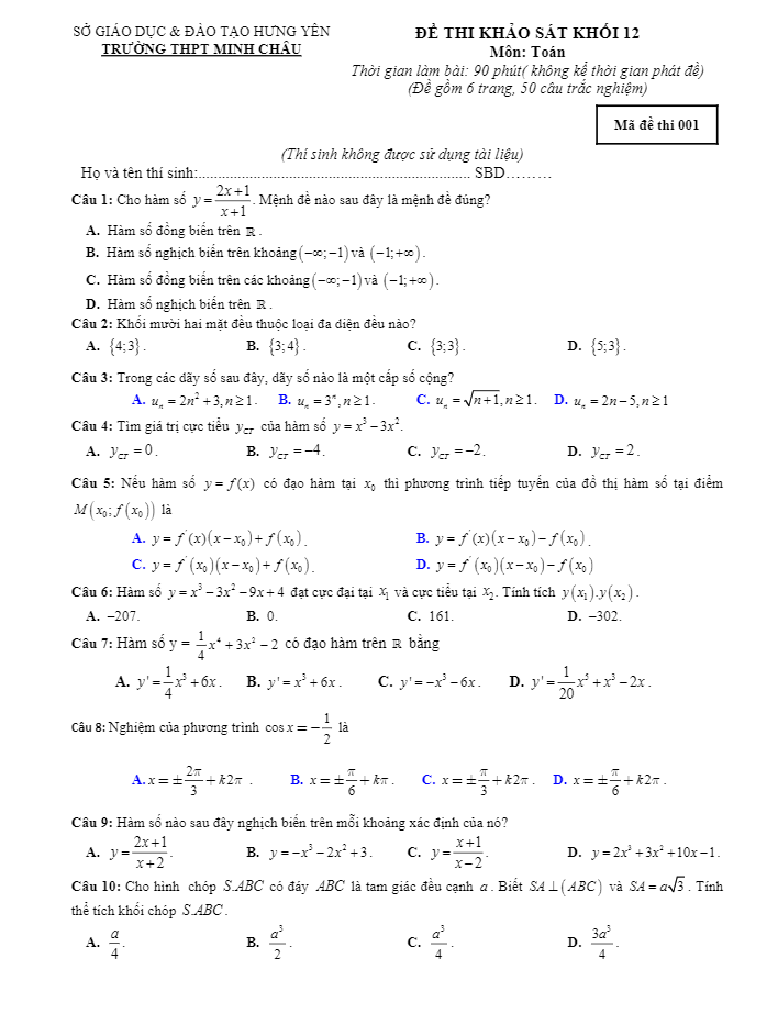 Đề thi khảo sát lớp 12 môn Toán năm học 2018 2019 trường THPT Minh Châu Hưng Yên