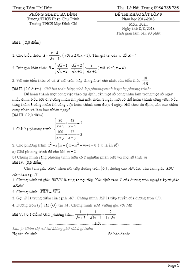 Đề thi khảo sát lớp 9 môn Toán năm học 2017 2018 phòng GD và ĐT Ba Đình Hà Nội