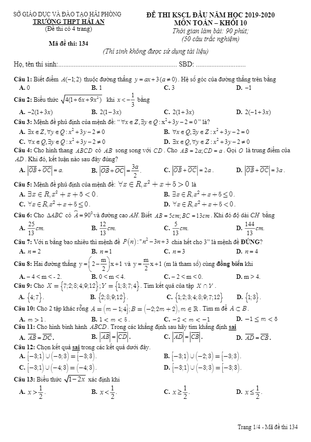 Đề thi KSCL đầu năm lớp 10 môn Toán năm 2019 2020 trường Hải An Hải Phòng