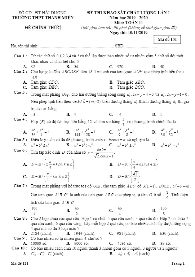 Đề thi KSCL lần 1 lớp 11 môn Toán năm 2019 2020 trường Thanh Miện Hải Dương