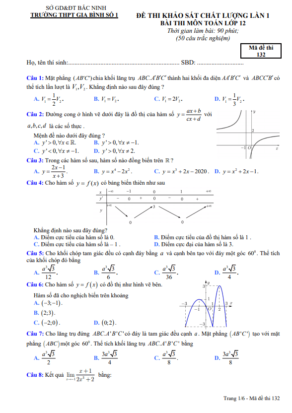 Đề thi KSCL lần 1 lớp 12 môn Toán năm 2020 2021 trường THPT Gia Bình 1 Bắc Ninh