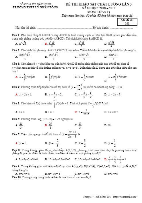 Đề thi KSCL lần 3 lớp 12 môn Toán năm 2018 2019 trường THPT Lý Nhân Tông Bắc Ninh