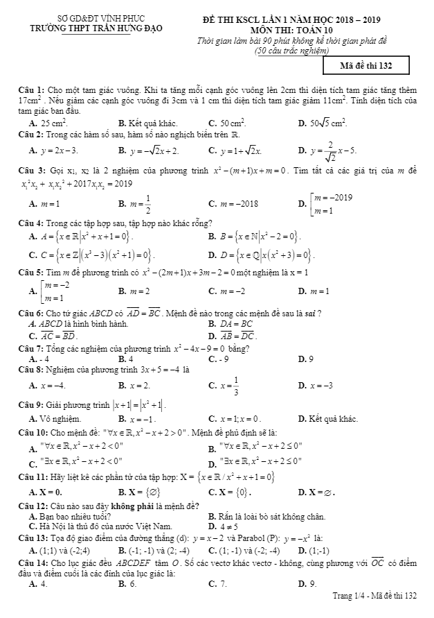 Đề thi KSCL lớp 10 môn Toán lần 1 năm 2018 2019 trường Trần Hưng Đạo Vĩnh Phúc