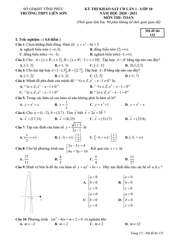 Đề thi KSCL lớp 10 môn Toán lần 1 năm 2020 2021 trường THPT Liễn Sơn Vĩnh Phúc