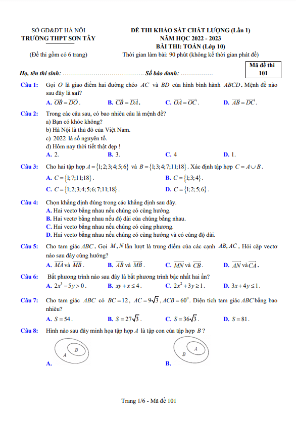 Đề thi KSCL lớp 10 môn Toán lần 1 năm 2022 2023 trường THPT Sơn Tây Hà Nội