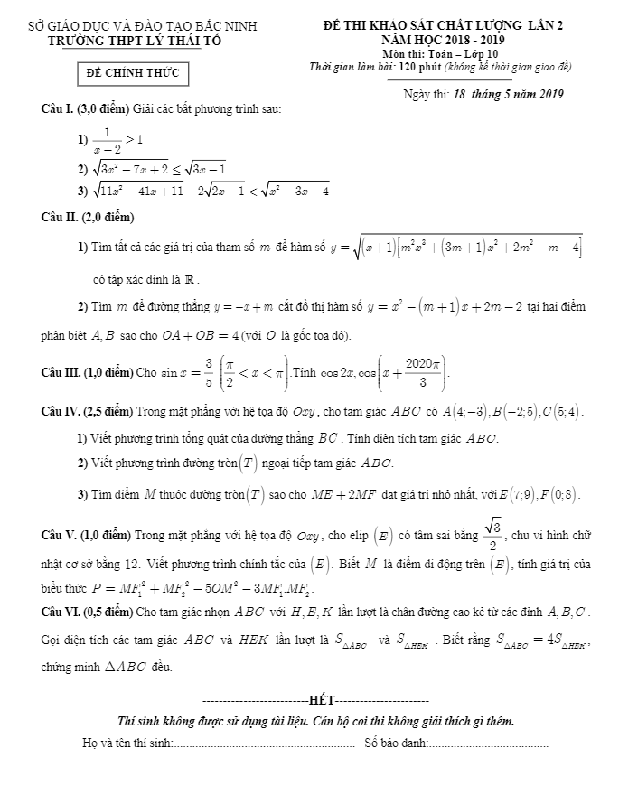 Đề thi KSCL lớp 10 môn Toán lần 2 năm 2018 2019 trường Lý Thái Tổ Bắc Ninh