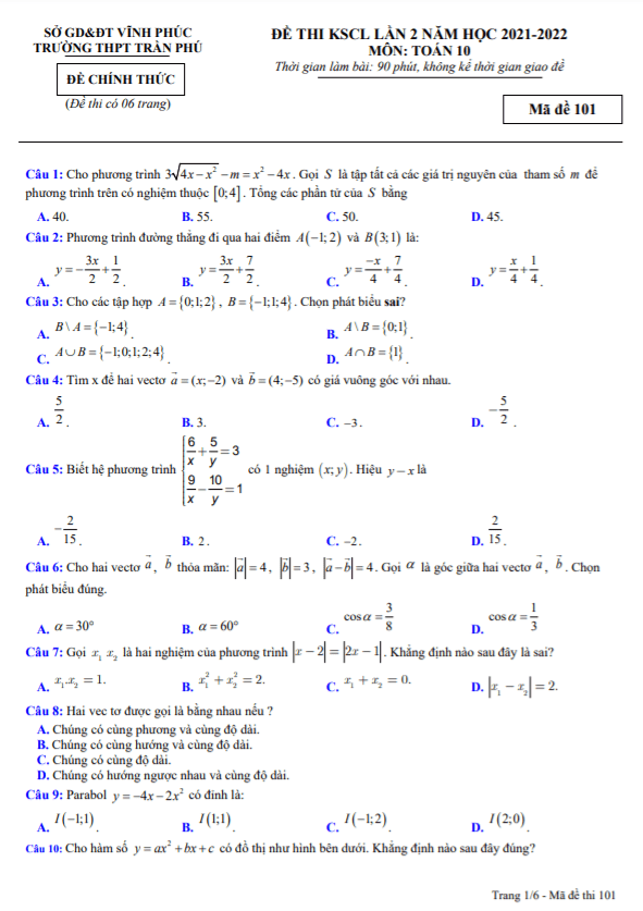 Đề thi KSCL lớp 10 môn Toán lần 2 năm 2021 2022 trường THPT Trần Phú Vĩnh Phúc