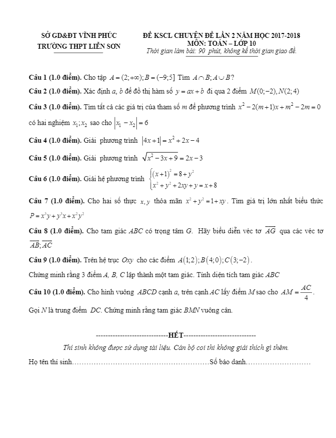 Đề thi KSCL lớp 10 môn Toán lần 2 năm học 2017 2018 trường THPT Liễn Sơn Vĩnh Phúc