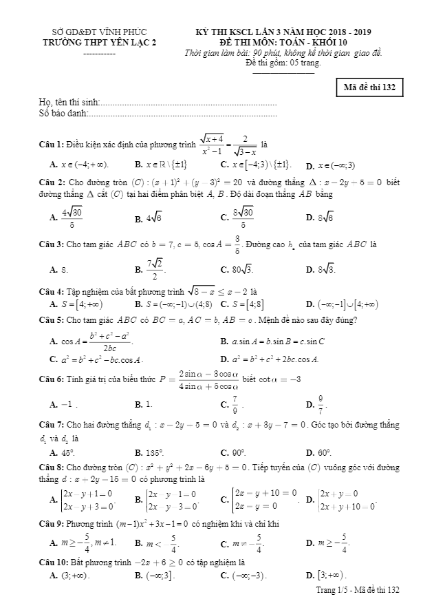 Đề thi KSCL lớp 10 môn Toán lần 3 năm 2018 2019 trường Yên Lạc 2 Vĩnh Phúc