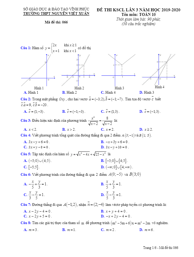 Đề thi KSCL lớp 10 môn Toán lần 3 năm 2019 2020 trường THPT Nguyễn Viết Xuân Vĩnh Phúc
