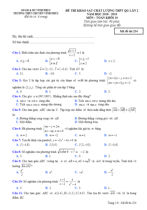 Đề thi KSCL lớp 10 môn Toán THPT QG lần 2 năm 2018 – 2019 trường THPT chuyên Vĩnh Phúc