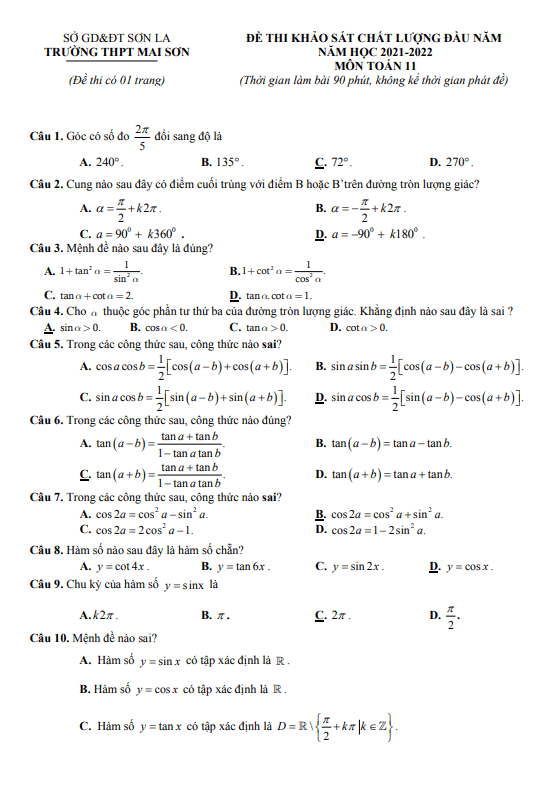Đề thi KSCL lớp 11 môn Toán đầu năm học 2021 2022 trường THPT Mai Sơn Sơn La