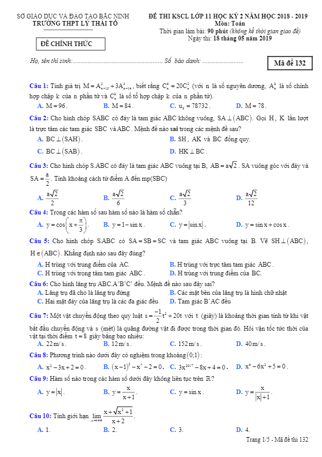 Đề thi KSCL lớp 11 môn Toán học kì 2 (HK2) năm 2018 2019 trường Lý Thái Tổ Bắc Ninh