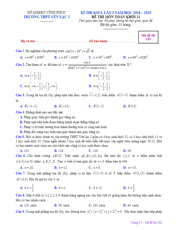 Đề thi KSCL lớp 11 môn Toán lần 1 năm 2018 2019 trường Yên Lạc 2 Vĩnh Phúc