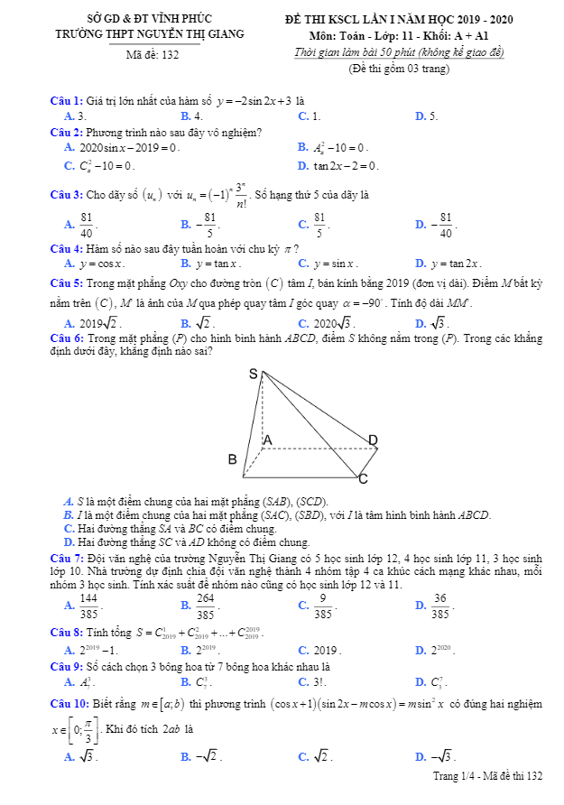 Đề thi KSCL lớp 11 môn Toán lần 1 năm 2019 2020 trường Nguyễn Thị Giang Vĩnh Phúc
