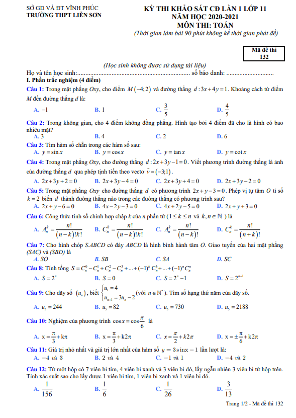 Đề thi KSCL lớp 11 môn Toán lần 1 năm 2020 2021 trường THPT Liễn Sơn Vĩnh Phúc