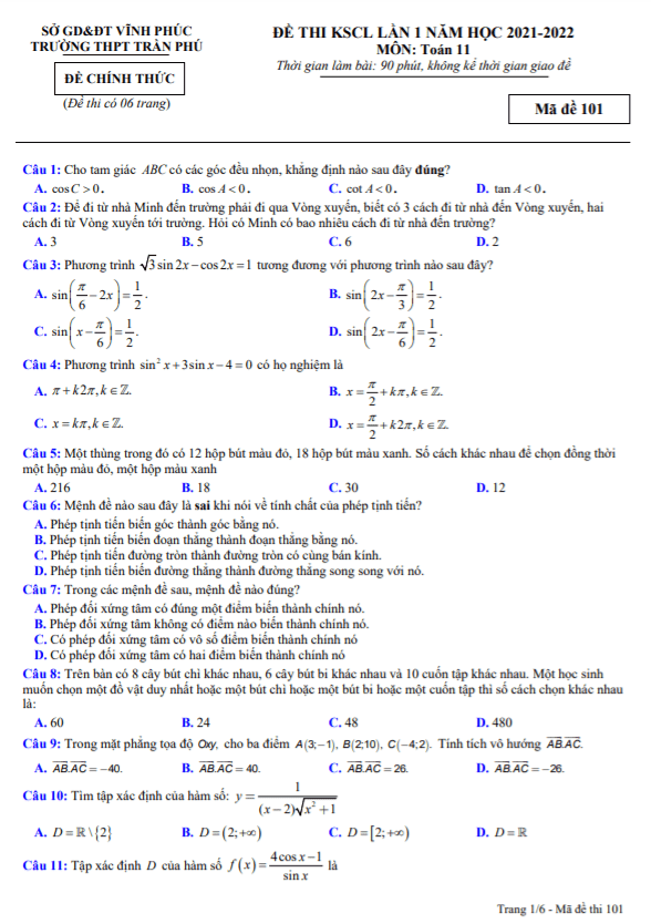 Đề thi KSCL lớp 11 môn Toán lần 1 năm 2021 2022 trường THPT Trần Phú Vĩnh Phúc