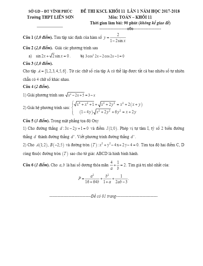 Đề thi KSCL lớp 11 môn Toán lần 1 năm học 2017 2018 trường THPT Liễn Sơn Vĩnh Phúc
