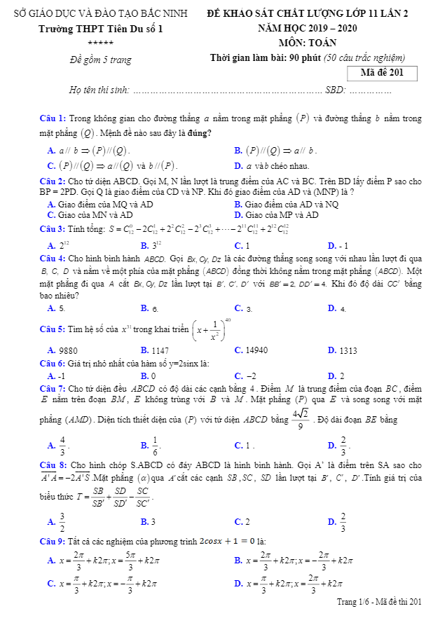 Đề thi KSCL lớp 11 môn Toán lần 2 năm 2019 2020 trường THPT Tiên Du 1 Bắc Ninh