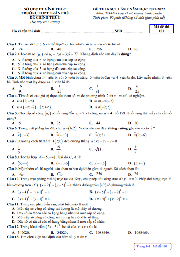 Đề thi KSCL lớp 11 môn Toán lần 2 năm 2021 2022 trường THPT Trần Phú Vĩnh Phúc