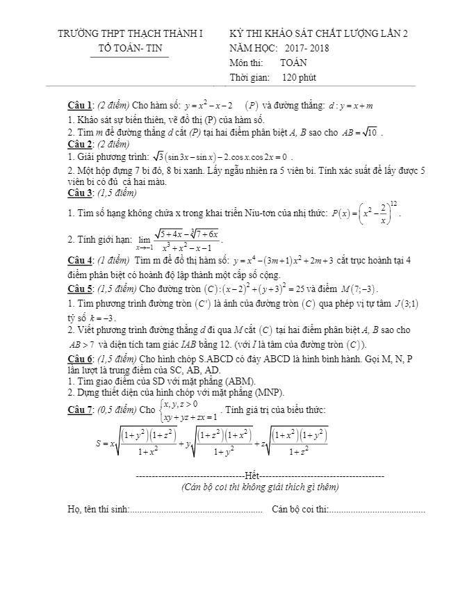 Đề thi KSCL lớp 11 môn Toán năm 2017 2018 trường Thạch Thành 1 Thanh Hóa lần 2