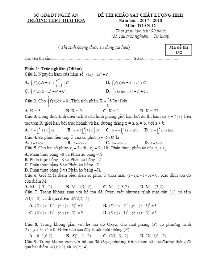 Đề thi KSCL lớp 12 môn Toán học kì 2 (HK2) năm 2017 2018 trường THPT Thái Hòa Nghệ An