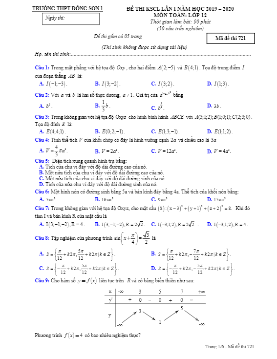 Đề thi KSCL lớp 12 môn Toán lần 1 năm 2019 2020 trường Đông Sơn 1 Thanh Hoá