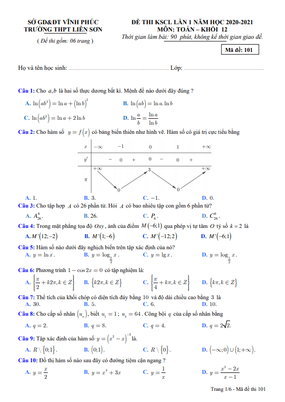 Đề thi KSCL lớp 12 môn Toán lần 1 năm 2020 2021 trường THPT Liễn Sơn Vĩnh Phúc