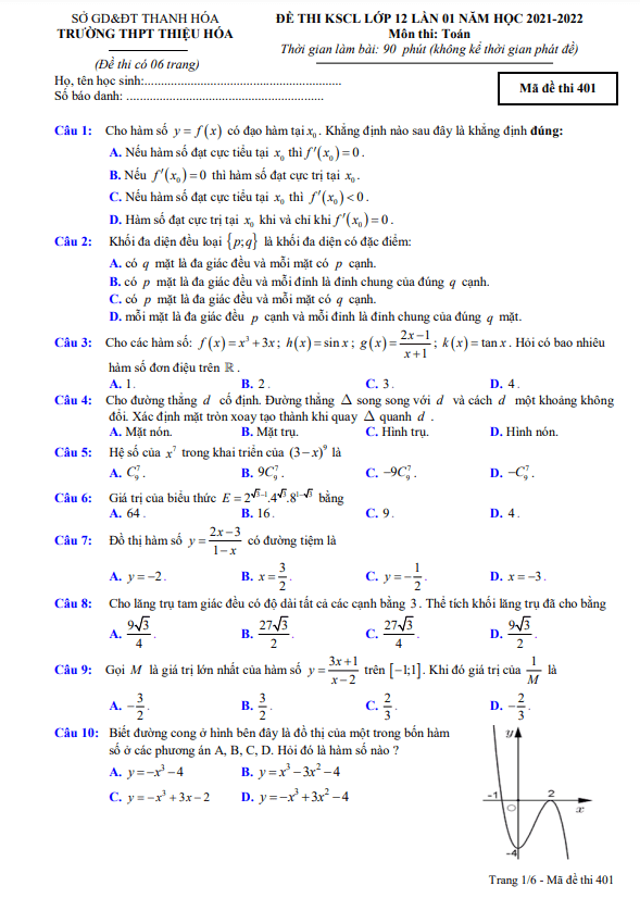 Đề thi KSCL lớp 12 môn Toán lần 1 năm 2021 2022 trường THPT Thiệu Hóa Thanh Hóa